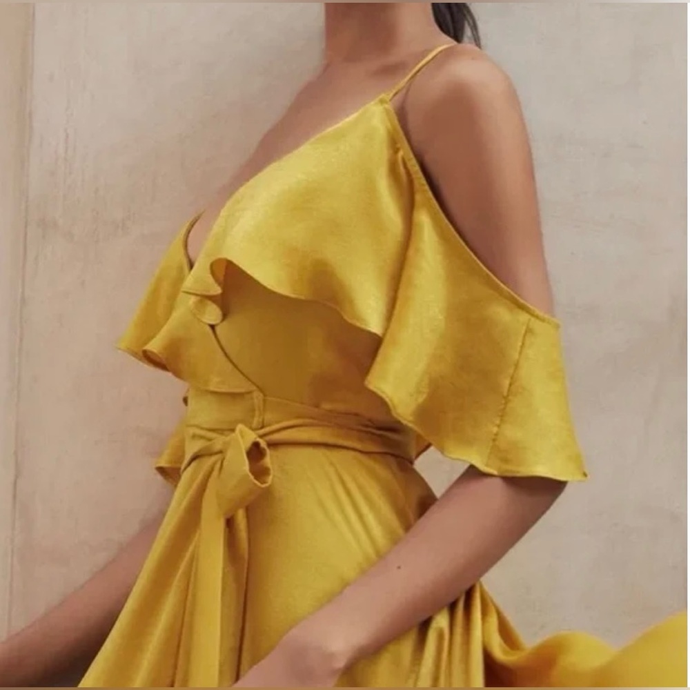 Lulu's Mustard Yellow Ruffled Wrap Maxi Dress - Picture 3 of 4